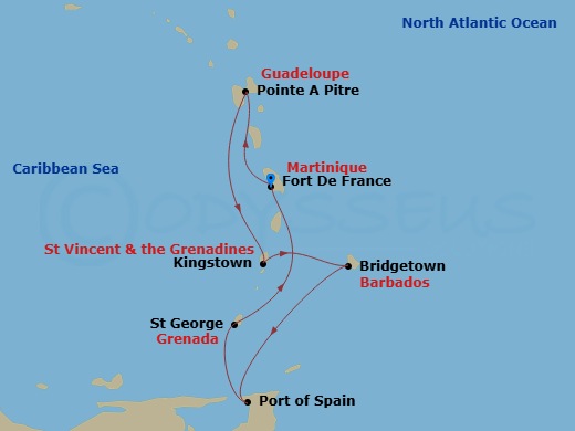 7 Night - South Caribbean - MSC Meraviglia - Starting in Fort-de-France, Martinique, Pointe-A-Pitre, Guadeloupe, Kingstown, St Vincent and the Grenadines, Bridgetown, Barbados, Port of Spain, Trinidad and Tobago, Saint George, Grenada, Fort-de-France, Martinique itinerary map