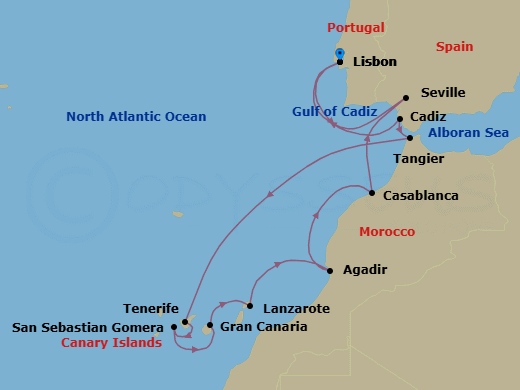 14 Night - Portugal, Spain & Morocco Combination Cruise : Tenerife, Seville & Lisbon - Azamara Onward - Starting in Lisbon, Cadiz, Tangier, Tenerife, Canary Islands, San Sebastian De La Gomera, Gran Canaria, Canary Islands, Lanzarote, Canary Islands, Agadir, Casablanca, Seville, Lisbon itinerary map