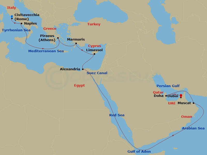 20 Night - Msc Grand Voyages - MSC World Europa - Starting in Civitavecchia (Rome), Italy, Naples (Pompeii), Italy, Piraeus (Athens), Greece, Marmaris, Turkey, Limassol, Cyprus, Alexandria EG, Egypt, Suez Canal (transit), Egypt, Muscat, Oman, Doha, Qatar, Dubai, United Arab Emirates itinerary map
