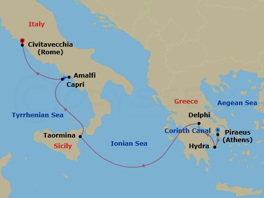 7 Night - Cruise from Athens (Piraeus) to Rome (Civitavecchia) - SeaDream I - Starting in Athens (Piraeus), Hydra, Corinth Canal Transit, Galaxidi (Delphi), Sailing the Ionian Sea, Taormina (Mount Etna) Sicily, Capri, Amalfi, Rome (Civitavecchia) itinerary map
