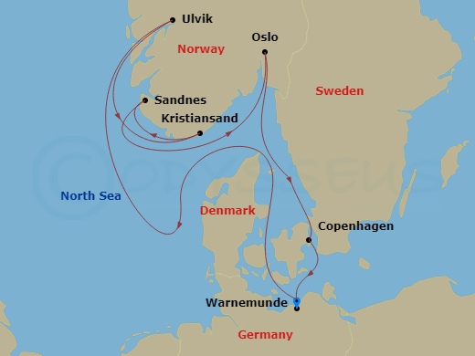 7 Night - Northern Europe - MSC Magnifica - Starting in Warnemunde (Berlin), Germany, Ulvik, Norway, Kristiansand, Norway, Sandnes / Stavanger, Norway, Oslo, Norway, Copenhagen, Denmark, Warnemunde (Berlin), Germany itinerary map