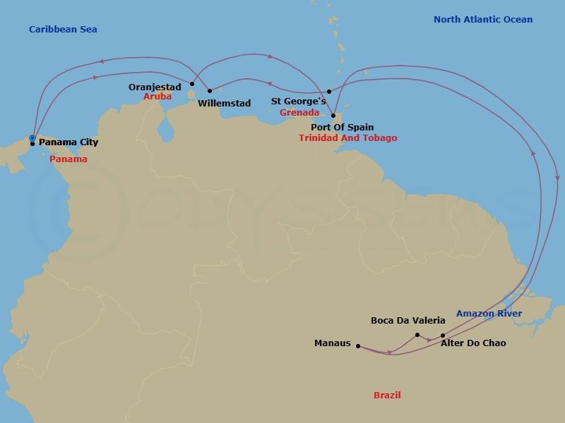 22 Night - Journey to the Amazon - Seven Seas Grandeur - Starting in Panama City, Panama Canal Transit, Cruising the Caribbean Sea, Oranjestad, Cruising the Caribbean Sea, Port of Spain, Cruising the Atlantic Ocean, Cruising the Amazon River, Manaus (Amazon River), Boca Da Valeria (Amazon River), Alter Do Chao (Amazon River), Cruising the Amazon River, Cruising the Atlantic Ocean, St Georges, Cruising the Caribbean Sea, Willemstad AN, Cruising the Caribbean Sea, Panama Canal Transit, Panama City itinerary map