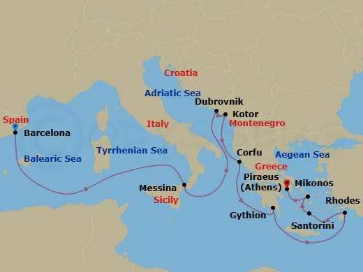 12 Night - Eastern Mediterranean Gems - Seven Seas Voyager - Starting in Barcelona, Cruising the Mediterranean Sea, Messina (Sicily), Cruising the Ionian Sea, Dubrovnik, Croatia, Kotor, Corfu, Gythion, Rhodes, Cruising Aegean Sea, Santorini, Mykonos, Athens (Piraeus) itinerary map