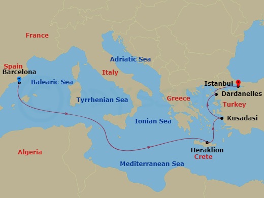 7 Night - Mediterranean and Greek Islands - Queen Victoria - Starting in Barcelona, Spain, Heraklion, Crete, Greece, Kusadasi (tours to Ephesus), Turkey, Dardanelles Strait, Turkey (Transit), Istanbul, Turkey itinerary map