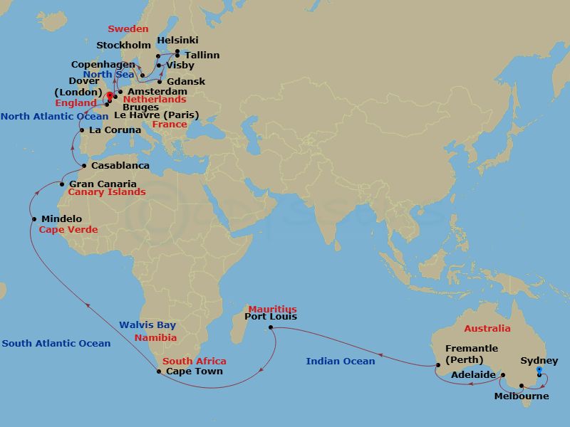 55 Night - World Cruise Liner - Sydney to London (Dover) - Crown Princess - Starting in Sydney AU, Melbourne, Australia, Adelaide, Australia, Perth (Fremantle), Australia, Port Louis, Mauritius, Cape Town, South Africa, Walvis Bay, Namibia, Mindelo, Cape Verde Islands, Gran Canaria (Las Palmas), Canary Islands, Casablanca, Morocco (for Marrakesh), La Coruna, Spain (for Santiago de Compostela), Le Havre (for Paris / Normandy), France, Zeebrugge (for Brussels / Bruges), Belgium, Gdansk (Gdynia), Poland, Visby, Sweden, Helsinki, Finland, Tallinn, Estonia, Stockholm, Sweden, Copenhagen, Denmark, Amsterdam (IJmuiden), Netherlands, Dover UK (for London), England itinerary map