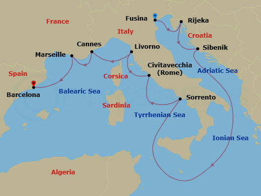 10 Night - Europe & Mediterranean - Crystal Grace - Starting in Fusina (Venice), Rijeka, Sibenik, Sorrento, Civitavecchia (Rome), Livorno (Tuscany), Cannes, Marseille, Barcelona itinerary map