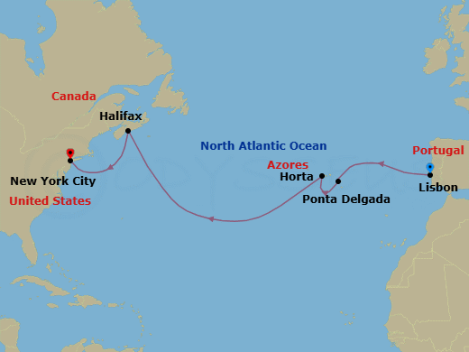11 Night - Transoceanic - Crystal Grace - Starting in Lisbon, Ponta Delgada (Sao Miguel Island), Horta, Halifax, New York itinerary map