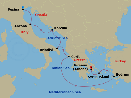 8 Night - Europe & Mediterranean - Crystal Grace - Starting in Fusina (Venice), Ancona, Korcula, Brindisi, Corfu, Bodrum, Syros, Athens (Piraeus) itinerary map
