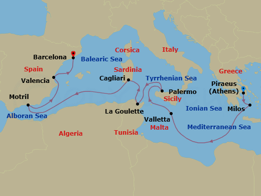 11 Night - Europe & Mediterranean - Crystal Grace - Starting in Athens (Piraeus), Milos, Valletta, Palermo, Sicily, Tunis (La Goulette), Cagliari (Sardinia), Motril, Valencia, Barcelona itinerary map
