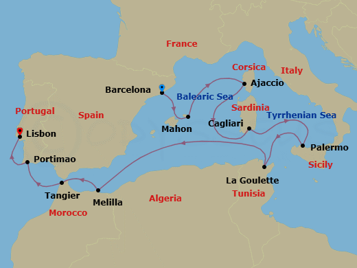 10 Night - Europe & Mediterranean - Crystal Grace - Starting in Barcelona, Porto Mahon, Ajaccio (Corsica), Cagliari (Sardinia), Palermo, Sicily, Tunis (La Goulette), Melilla, Tangier, Portimao, Lisbon itinerary map