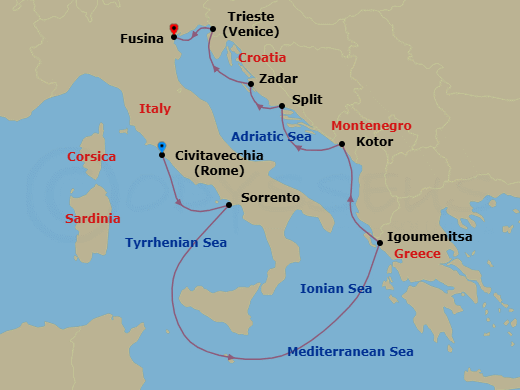 8 Night - Europe & Mediterranean - Crystal Grace - Starting in Civitavecchia (Rome), Sorrento, Igoumenitsa, Kotor, Split, Zadar, Trieste, Fusina (Venice) itinerary map