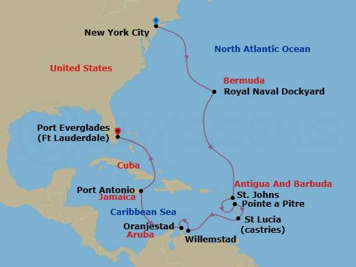 15 Night - The Americas & Caribbean - Crystal Grace - Starting in New York, Royal Naval Dockyard, St Johns, Pointe-a-Pitre, French West Indies, Castries, St Lucia, Willemstad AN, Oranjestad, Aruba, Port Antonio, Fort Lauderdale itinerary map