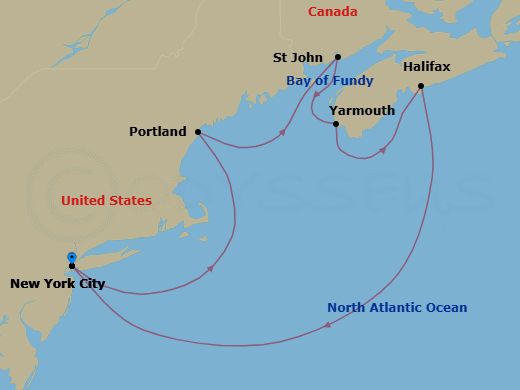 7 Night - North America & Canada - Crystal Grace - Starting in New York, Portland ME, Saint John NB, Yarmouth, Halifax, New York itinerary map