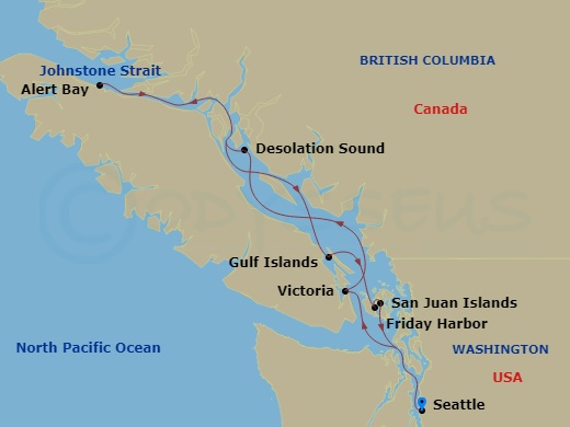 7 Night - Exploring British Columbia and the San Juan Islands - National Geographic Quest - Starting in Seattle / Embark Ship, Victoria CA, Canada, Desolation Sound, Johnstone Strait / Alert Bay, Gulf Islands, Friday Harbor, San Juan Islands, Seattle / Disembark Ship itinerary map