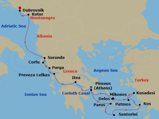 14 Night - Discover the Eastern Mediterranean - Emerald Azzurra - Starting in Athens (Piraeus), Greece, Delos, Greece / Mykonos, Greece, Kusadasi, Turkey, Patmos, Greece, Kos, Greece, Santorini, Greece, Paros, Greece, Athens (Piraeus), Greece, Transit through the Corinth Canal / Itea, Greece, Lefkada, Greece, Parga, Greece, Corfu, Greece, Sarande, Albania, Kotor, Montenegro, Dubrovnik, Croatia itinerary map