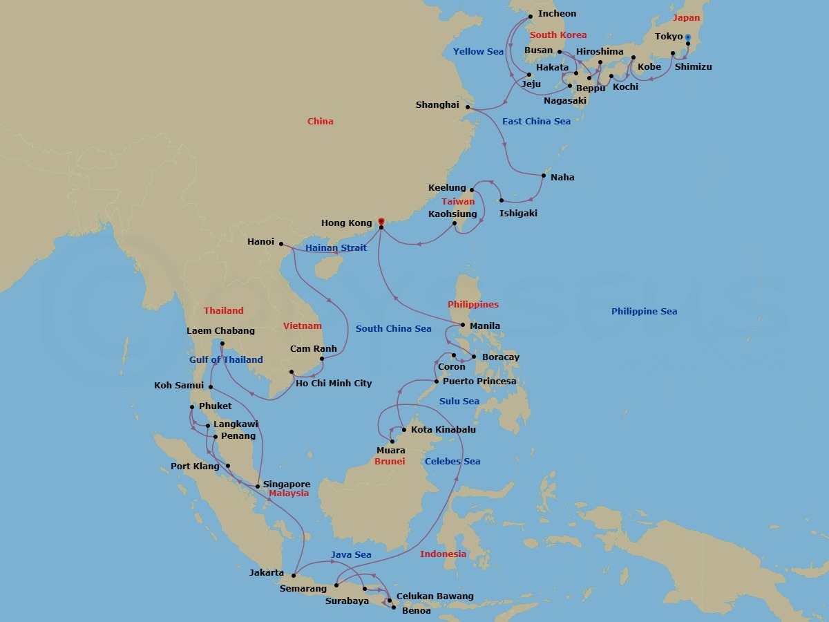 61 Night - Grand Silk Seas Passage - Seven Seas Splendor - Starting in Tokyo, Shimizu, Cruising the Philippine Sea, Kyoto (Kobe), Kochi, Hiroshima, Beppu, Cruising the Kanmon Straits, Busan, Hakata, Nagasaki, Cruising the Yellow Sea, Seoul (Incheon), Cruising the Yellow Sea, Jeju, Cruising the East China Sea, Shanghai, Cruising the East China Sea, Okinawa (Naha), Ishigaki (Sakishima Islands), Taipei (Keelung), Kaohsiung, Cruising the South China Sea, Hong Kong, Cruising the Hainan Strait, Hanoi (Ha Long Bay), Cruising the South China Sea, Cam Ranh, Ho Chi Minh City (Saigon), Cruising the Gulf of Thailand, Bangkok (Laem Chabang), Ko Samui, Cruising the Gulf of Thailand, Singapore, Kuala Lumpur (Port Klang), Langkawi, Phuket, Penang, Cruising the Malacca Strait, Cruising the Java Sea, Jakarta, Cruising the Java Sea, Surabaya, Celukan Bawang (Bali), Bali (Benoa), Cruising the Java Sea, Semarang (Java), Cruising the Java Sea, Cruising the South China Sea, Muara, Kota Kinabalu, Cruising the South China Sea, Puerto Princesa, Coron, Boracay Island, Manila, Cruising the South China Sea, Hong Kong itinerary map