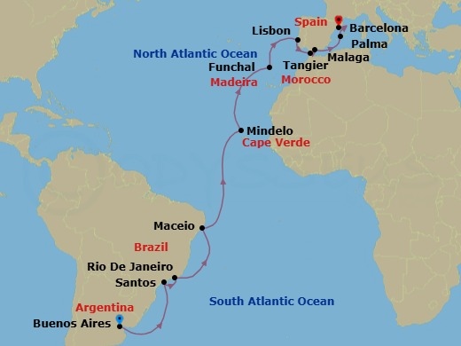 24 Night - Msc Grand Voyages - MSC Seaview - Starting in Buenos Aires, Argentina, Santos (Sao Paulo), Brazil, Rio De Janeiro, Brazil, Maceio, Brazil, Mindelo, Cape Verde, Funchal (Madeira Islands), Portugal, Lisbon (Cascais), Portugal, Tangier (Tetouan), Morocco, Malaga (Granada), Spain, Palma De Mallorca (Baleari Is), Spain, Barcelona, Spain itinerary map