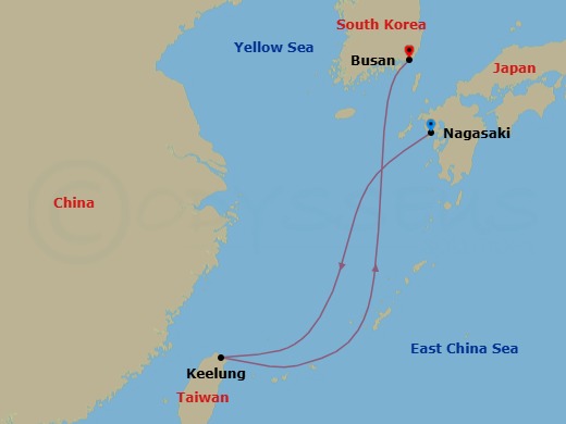 4 Night - Cruise from Nagasaki to Busan - Costa Serena - Starting in Nagasaki, Japan, Keelung / Taipei, Busan, South Korea itinerary map