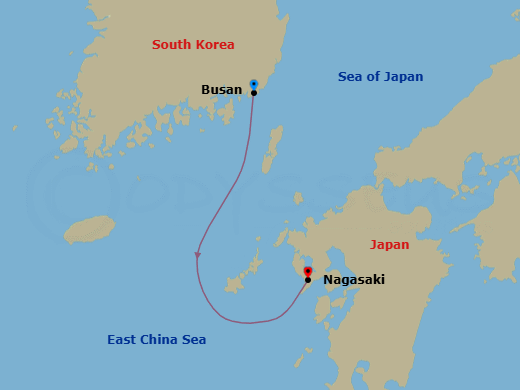 1 Night - Cruise from Busan to Nagasaki - Costa Serena - Starting in Busan, South Korea, Nagasaki, Japan itinerary map