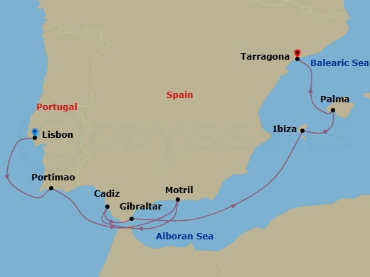 10 Night - a Glimpse of Lisbon Pre Cruisetour - Norwegian Dawn Tours - Starting in At Hotel, Lisbon, Portugal, Portimao, Portugal, Motril, Spain, Cadiz / Seville, Spain, Gibraltar, Ibiza, Spain, Palma Majorca, Spain, Barcelona (Tarragona), Spain itinerary map