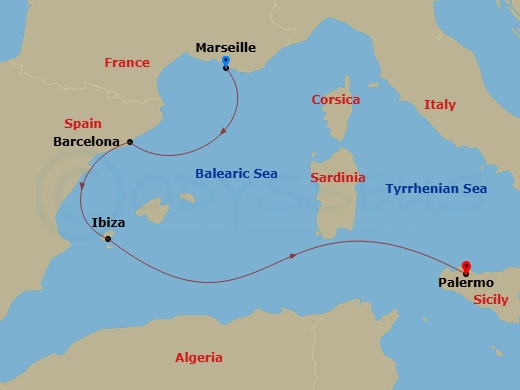 4 Night - Mediterranean from Marseille to Palermo - Costa Smeralda - Starting in Marseille, Barcelona, Ibiza, Palermo itinerary map
