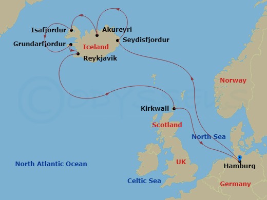 12 Night - Northern Europe Roundtrip from Hamburg - Costa Favolosa - Starting in Hamburg, Seydhisfjords, Akureyri, Isafjordur, Grundafjord, Iceland, Reykjavik, Kirkwall, Hamburg itinerary map