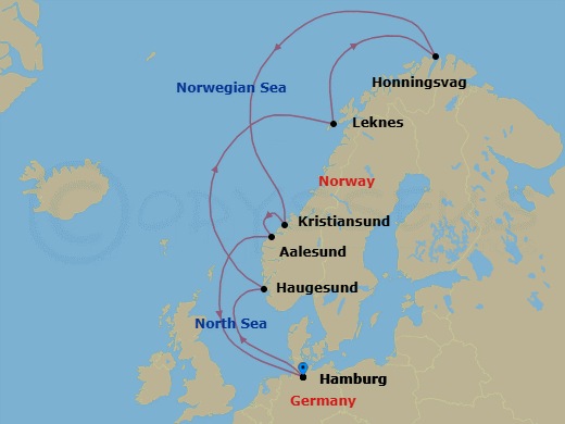 11 Night - Norway Roundtrip from Hamburg - Costa Favolosa - Starting in Hamburg, Haugesund, Leknes, Norway, Honningsvag, Kristiansund, Alesund, Hamburg itinerary map