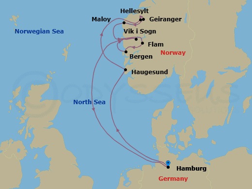 9 Night - Norway Roundtrip from Hamburg - Costa Favolosa - Starting in Hamburg, Haugesund, Hellesylt Tech Call, Geiranger, Norway, Maloy, Flam, Norway, Bergen, Vik-sogn, Hamburg itinerary map