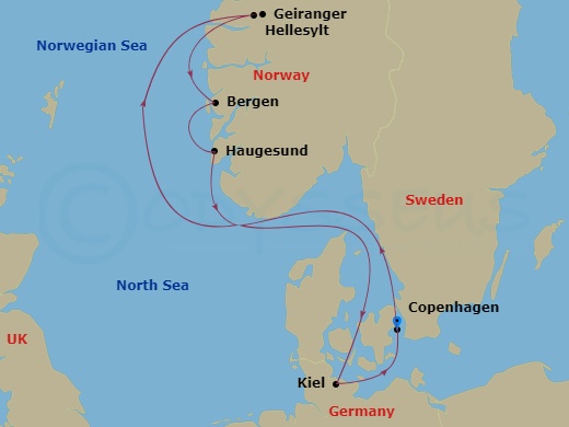 7 Night - Europe Roundtrip from Copenhagen - Costa Diadema - Starting in Copenhagen, Hellesylt Tech Call, Geiranger, Norway, Bergen, Haugesund, Kiel, Copenhagen itinerary map