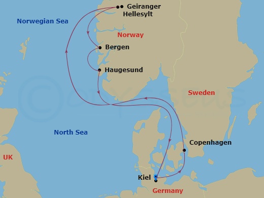 7 Night - Western Europe Roundtrip from Kiel - Costa Diadema - Starting in Kiel, Copenhagen, Hellesylt Tech Call, Geiranger, Norway, Bergen, Haugesund, Kiel itinerary map