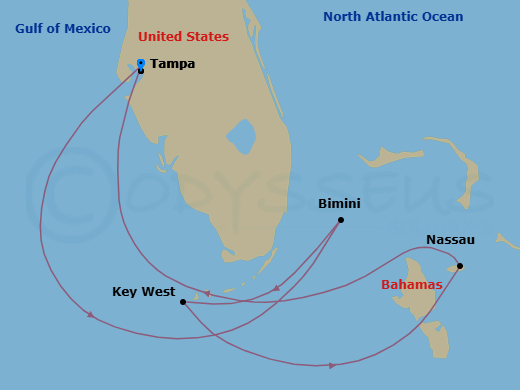 7 Night - Key West & Bahamas Cruise - Celebrity Constellation - Starting in Tampa, Florida, Bimini, Bahamas, Key West, Florida, Nassau, Bahamas, Tampa, Florida itinerary map
