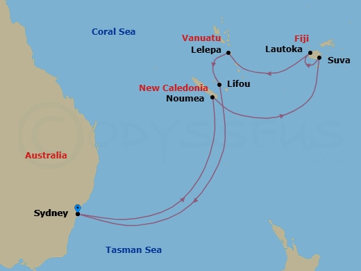 12 Night - Beach Club Lelepa & Fiji - Celebrity Edge - Starting in Sydney AU, Noumea, New Caledonia, Suva, Fiji, Lautoka, Fiji, Royal Beach Club Lelepa, Lifou, Loyalty Island, Sydney AU itinerary map