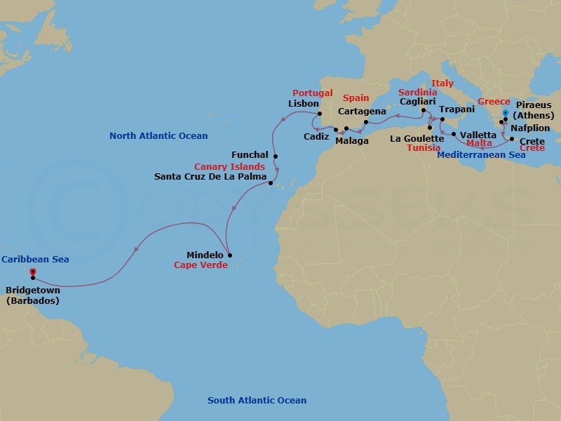 28 Night - Caribbean from Athens to Bridgetown - Silver Spirit - Starting in Athens, Nafplion, Souda Bay, Valletta, Trapani, Tunis, Cagliari, Cartagena ES, Malaga, Cadiz, Lisbon, Funchal, Santa Cruz de La Palma, Mindelo, Bridgetown itinerary map