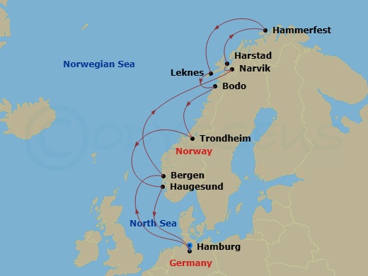 14 Night - North Europe from Hamburg - Costa Favolosa - Starting in Hamburg, Bergen, Narvik, Harstad, Hammerfest, Leknes, Norway, Bodo, Trondheim, Haugesund, Hamburg itinerary map