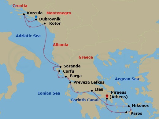 11 Night - Adriatic, Corinth Canal & the Greek Islands - Emerald Kaia - Starting in Dubrovnik, Croatia, Korcula, Croatia, Kotor, Montenegro, Sarande, Albania, Corfu, Greece, Parga, Greece, Lefkada, Greece, Itea, Greece / Transit through the Corinth Canal, Mykonos, Greece, Paros, Greece, Athens (Piraeus), Greece itinerary map