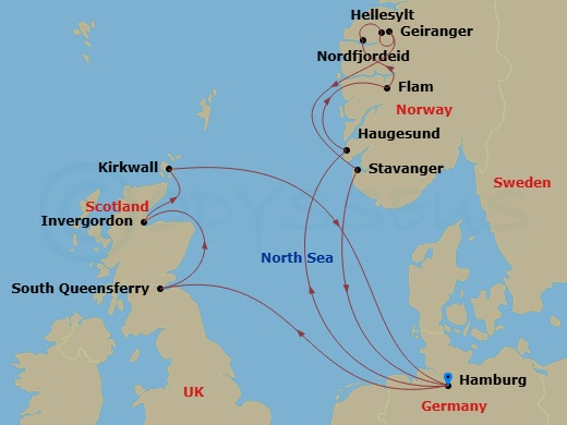 15 Night - North Europe from Hamburg - Costa Favolosa - Starting in Hamburg, Haugesund, Flam, Norway, Nordfjordeid, Hellesylt Tech Call, Geiranger, Norway, Stavanger, Hamburg, South Queensferry, UK, Invergordon, United Kingdom, Kirkwall, Hamburg itinerary map