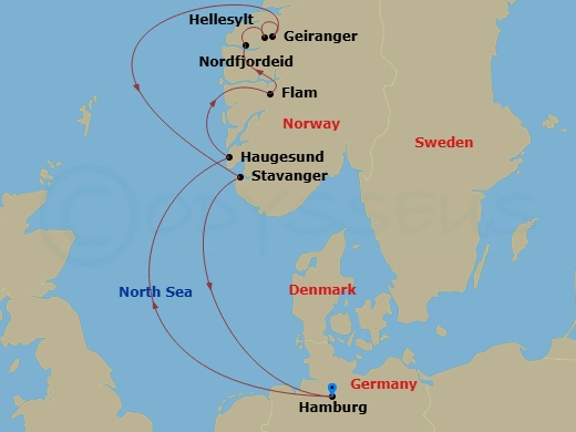 8 Night - North Europe from Hamburg - Costa Favolosa - Starting in Hamburg, Haugesund, Flam, Norway, Nordfjordeid, Hellesylt Tech Call, Geiranger, Norway, Stavanger, Hamburg itinerary map