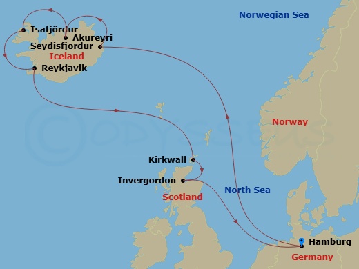 12 Night - North Europe from Hamburg - Costa Favolosa - Starting in Hamburg, Seydhisfjords, Akureyri, Isafjordur, Reykjavik, Kirkwall, Invergordon, United Kingdom, Hamburg itinerary map
