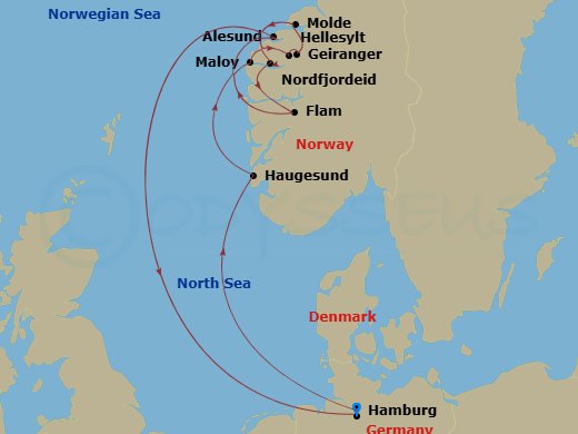 10 Night - North Europe from Hamburg - Costa Favolosa - Starting in Hamburg, Haugesund, Maloy, Hellesylt Tech Call, Geiranger, Norway, Molde, Nordfjordeid, Flam, Norway, Alesund, Hamburg itinerary map