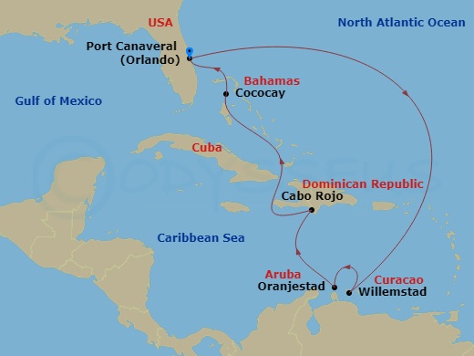 8 Night - Southern Caribbean & Perfect Day - Adventure of the Seas - Starting in Orlando (Port Canaveral), Fl, Willemstad AN, Curacao, Oranjestad, Aruba, Cabo Rojo, Dominican Republic, Perfect Day Cococay, Bahamas, Orlando (Port Canaveral), Fl itinerary map