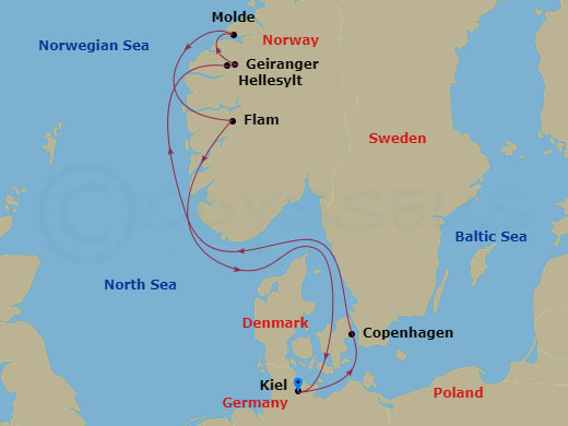 7 Night - Northern Europe - MSC Euribia - Starting in Kiel, Germany, Copenhagen, Denmark, Hellesylt, Norway, Geiranger, Norway, Molde, Norway, Flam, Norway, Kiel, Germany itinerary map