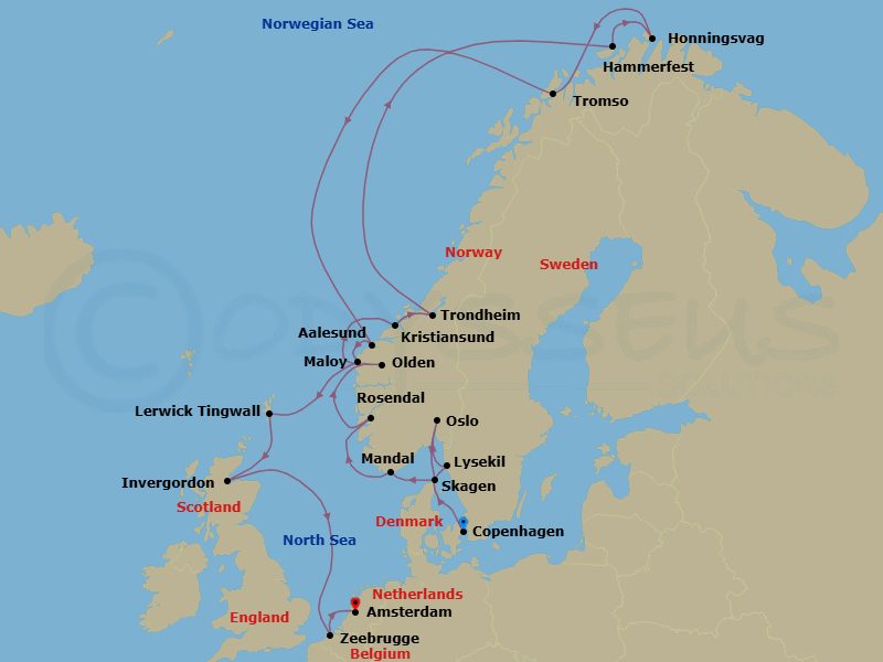 20 Night - Fjords & Fairy Tales - Seven Seas Mariner - Starting in Copenhagen, Lysekil, Oslo, Skagen, Mandal, Rosendal, Olden, Kristiansund, Trondheim, Cruising the Norwegian Sea, Hammerfest, Honningsvag, Tromso, Cruising the Norwegian Sea, Alesund, Maloy, Lerwick (Shetland Islands), Invergordon, United Kingdom, Cruising the North Sea, Bruges (Zeebrugge), Amsterdam itinerary map