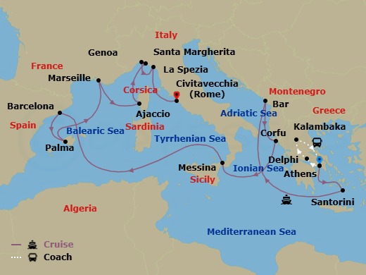 17 Night - Best of Greece - Tour 5B - Sun Princess Tours - Starting in Athens (Piraeus), Greece, Delphi, Greece, Kalambaka, Greece, Athens (Piraeus), Greece, Santorini, Greece, Montenegro, Corfu, Greece, Sicily (Messina), Italy, Barcelona, Spain, Mallorca (Palma), Spain, Marseille (Provence), France, Corsica (Ajaccio), France, Santa Margherita, Italy, Genoa (for Cinque Terre), Italy, La Spezia (for Florence / Pisa), Italy, Civitavecchia (for Rome), Italy itinerary map