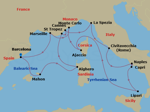 14 Night - An Extended Journey from the Shores of Catalonia to Vibrant Marseille - EXPLORA I - Starting in Barcelona, Mahon (Menorca), Alghero (Sardinia), Saint-Tropez, Cannes, La Spezia, Civitavecchia (Rome), Port of Naples, Capri, Lipari (Aeolian Islands), Ajaccio (Corsica), Monte Carlo, Marseille, Barcelona itinerary map