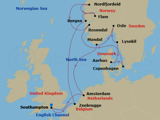 16 Night - An Extended Journey from England's Charming Coast to the Canals of Amsterdam - EXPLORA IV - Starting in Southampton, Bruges (Zeebrugge), Bergen, Flam, Norway, Nordfjordeid, Rosendal, Copenhagen, Aarhus, Lysekil (Gotland), Oslo, Mandal, Amsterdam, Southampton itinerary map