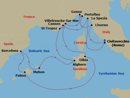 14 Night - An Extended Journey Through Artistic, Culinary & Coastal Centres - EXPLORA I - Starting in Civitavecchia (Rome), Livorno (Florence), Genoa, Portofino, Villefranche-Sur-Mer (Nice), Olbia (Sardinia), Palma De Mallorca, Barcelona, Mahon (Menorca), Alghero (Sardinia), Saint-Tropez, Cannes, La Spezia, Civitavecchia (Rome) itinerary map