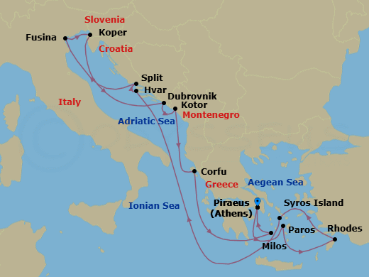 14 Night - An Extended Journey of Mythic Isles, Bustling Piazzas & Ancient Masterpieces - EXPLORA II - Starting in Piraeus (Athens), Paros, Rhodes, Syros (Syra), Hvar, Split, Fusina (Venice), Koper, Dubrovnik, Croatia, Kotor, Corfu, Milos, Piraeus (Athens) itinerary map