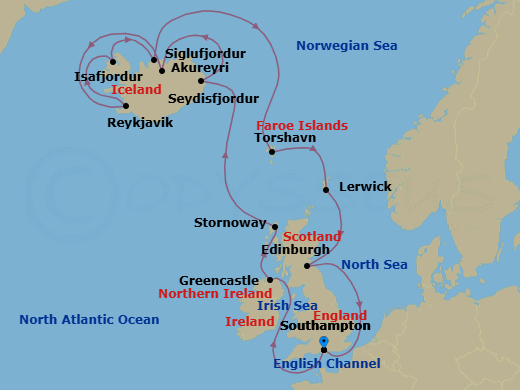 16 Night - An Extended Journey Through Celtic Coasts & Dramatic Northern Isles - EXPLORA IV - Starting in Southampton, Greencastle (County Donegal), Stornoway (Isle of Lewis), Seydisfjordur, Akureyri, Reykjavik, Isafjordur, Siglufjordur, Torshavn, Lerwick (Shetland Islands), Edinburgh, Southampton itinerary map