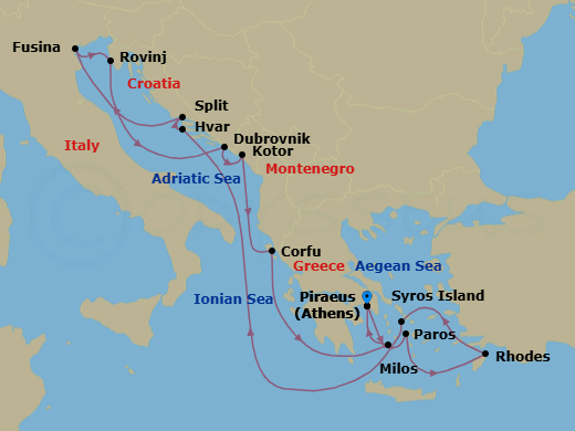 14 Night - An Extended Journey of Mediterranean Marvels & Timeless Coastal Enchantment - EXPLORA II - Starting in Piraeus (Athens), Paros, Rhodes, Syros (Syra), Hvar, Split, Fusina (Venice), Rovinj, Dubrovnik, Croatia, Kotor, Corfu, Milos, Piraeus (Athens) itinerary map