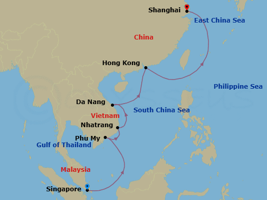10 Night - A Journey Through Iconic Scenery & Timeless Cities - EXPLORA III - Starting in Singapore, Phu My, Nha Trang, Da Nang, Hong Kong, Shanghai itinerary map